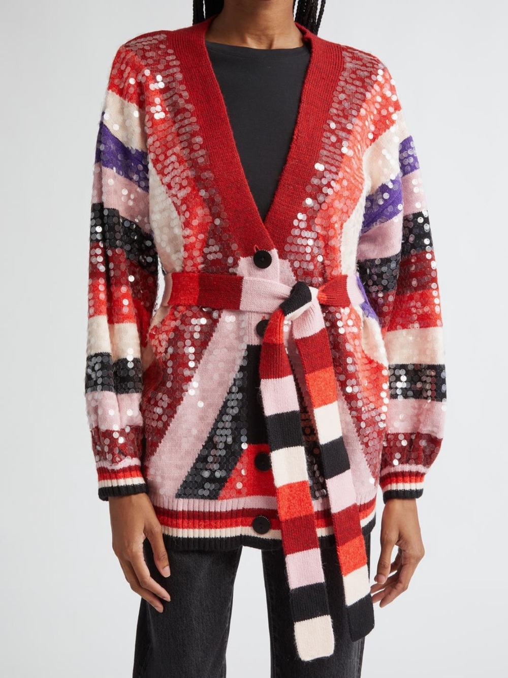 FARM Rio Colorful Stripes Sequin Belted Knit Cardigan NWT Size XXS